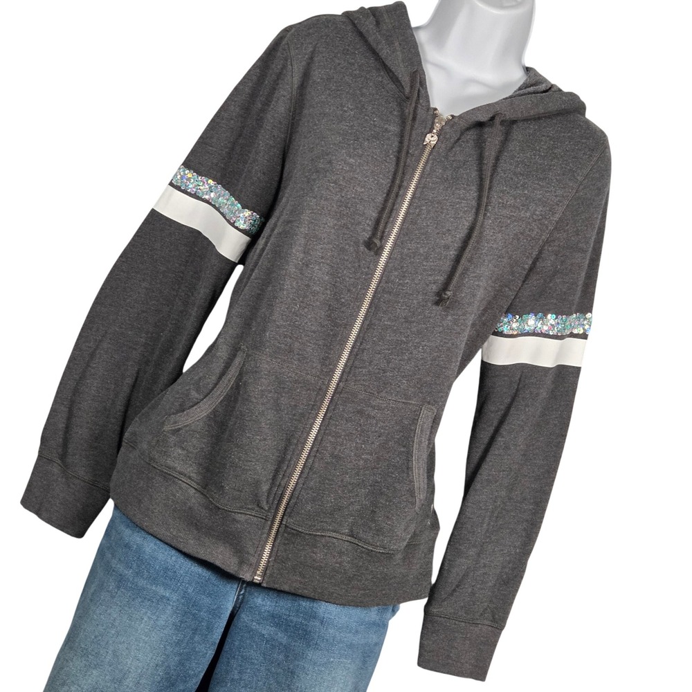 Victoria's Secret Full Zip Hoodie Angel Wing Pull Gray Sequin Spell Out Medium
